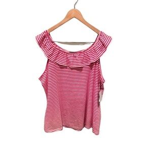 NWT Lynn Ryan Pink and White Stripe Ruffled Tank Top Size 3X